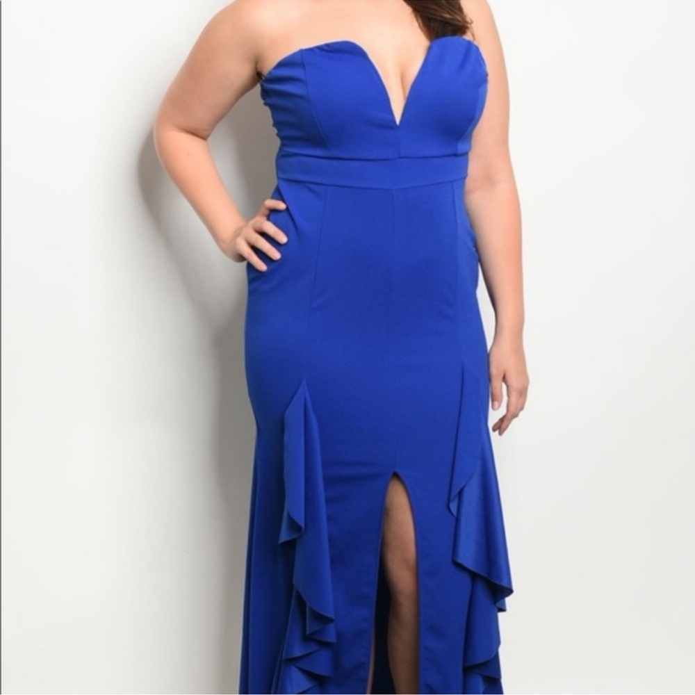 Blue Strapless Bodycon Maxi Dress V Front